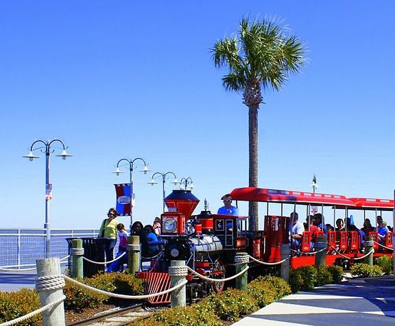 A red train with a palm tree in the background