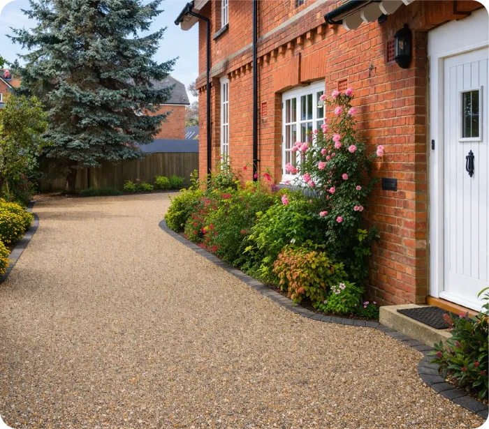 A gravel driveway leads to the red brick entrance of a house, featuring a white door and a lush garden border.