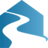 A blue house icon split by a white, S-shaped path or river flowing from the top left to the bottom right.