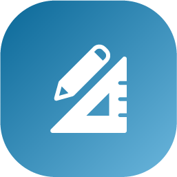 A white icon of a pencil and a triangle ruler centered on a rounded square with a blue gradient background.