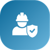 White icon of a person wearing a hard hat next to a shield with a checkmark, set against a blue gradient background.