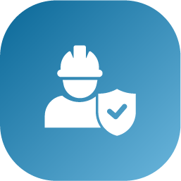White icon of a person in a hard hat standing next to a shield with a checkmark on a blue gradient background.