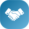 White handshake icon centered on a blue, rounded-square background.