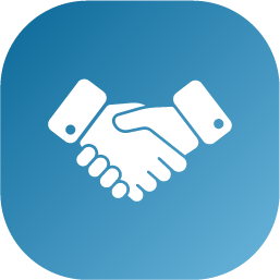 White icon of a handshake inside a blue square with rounded corners.