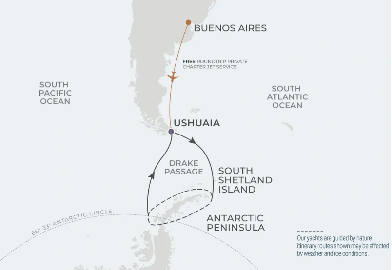 Map of a journey from Buenos Aires to Antarctica, via Ushuaia and Drake Passage.