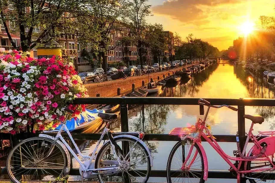 Bicycles on a bridge overlooking Amsterdam canal at sunset, with flowers and reflections in the water.