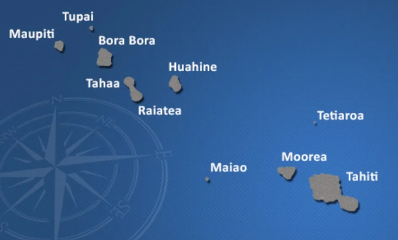 Map of islands in French Polynesia, including Bora Bora and Tahiti, on a blue background with a compass rose.