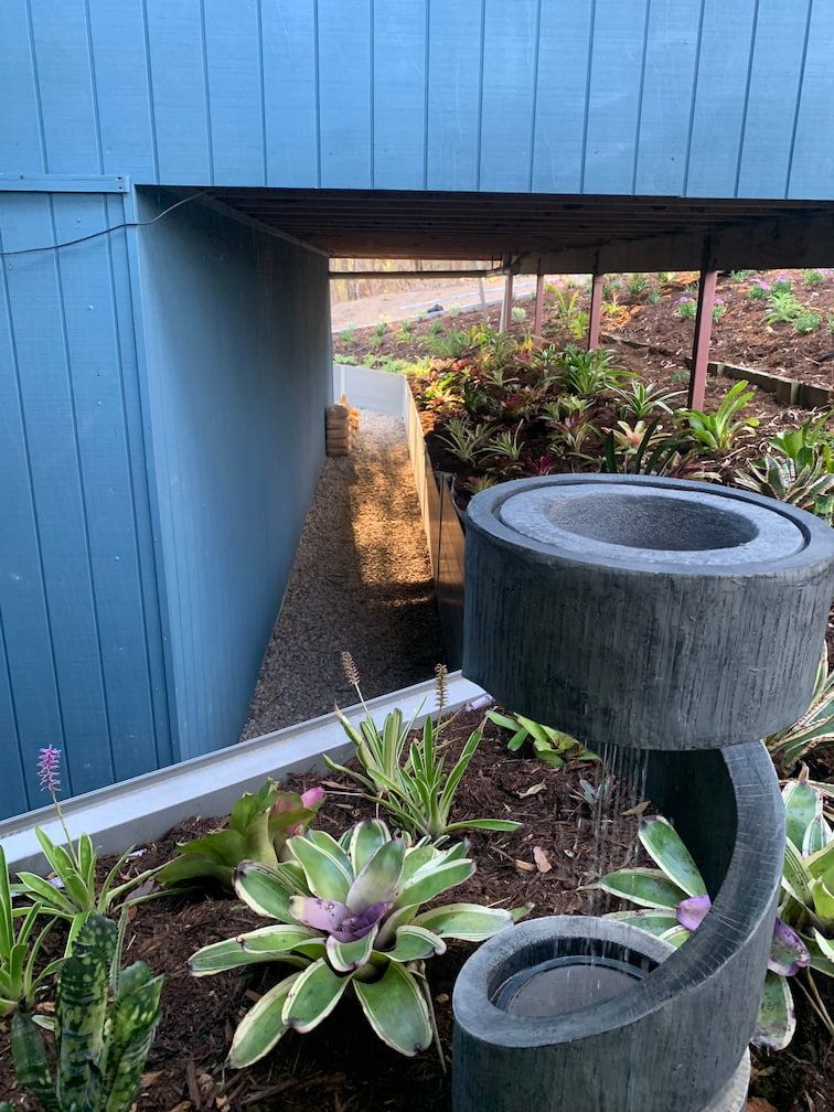 A garden with a fountain and plants in front of a blue building.