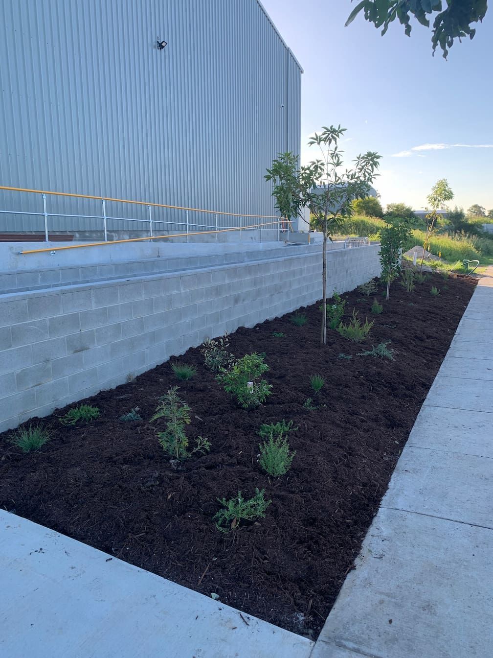 A concrete walkway with a brick wall and a garden in front of a building.