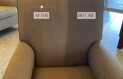 Armchair back labeled “After” and “Before” with side-by-side fabric comparison