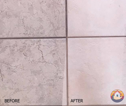Tiled floor before-and-after: dirty grout on left, clean light grout on right