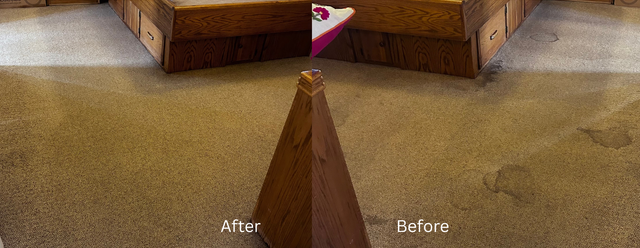Split-screen game view with a wooden barrier and carpeted floor, labeled “After” and “Before.”