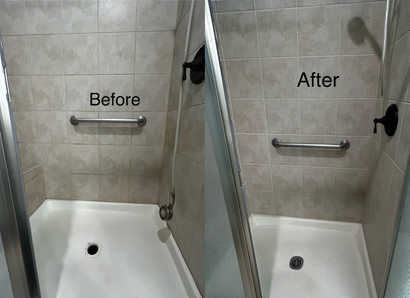 Side-by-side shower grab bar before and after, showing a lower, more accessible placement.