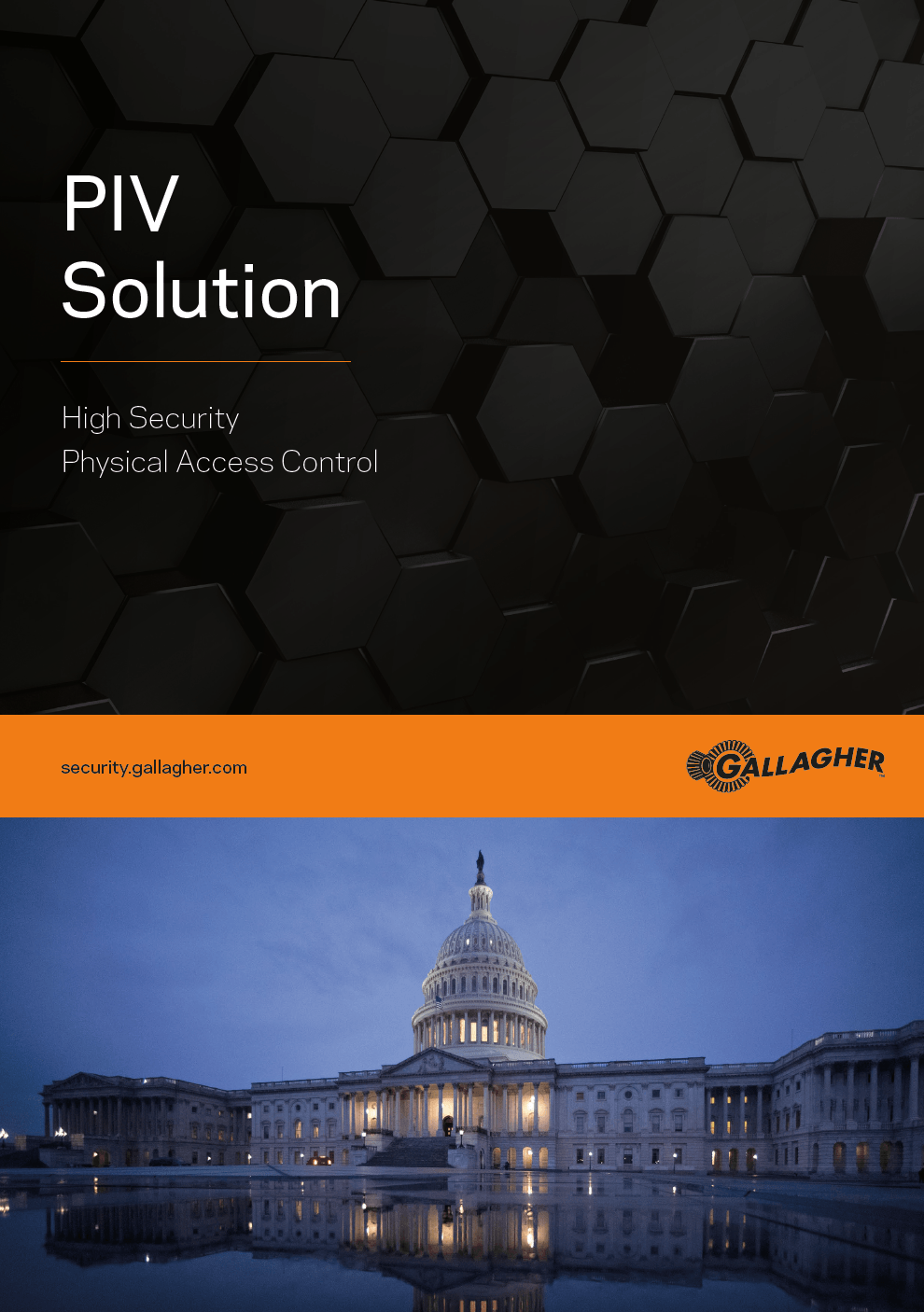 Cover of a PIV solution brochure featuring the U.S. Capitol Building at night, with an orange and black color scheme.
