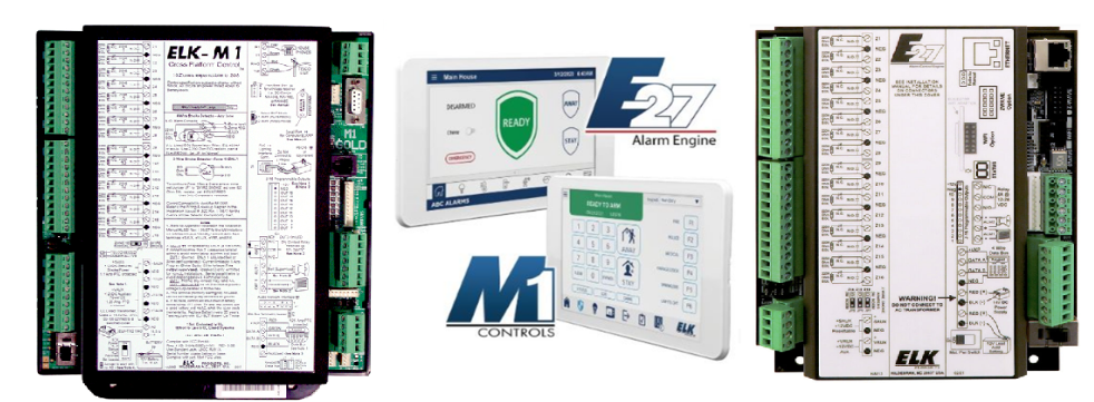 Security system components: control panels, keypads, logo.