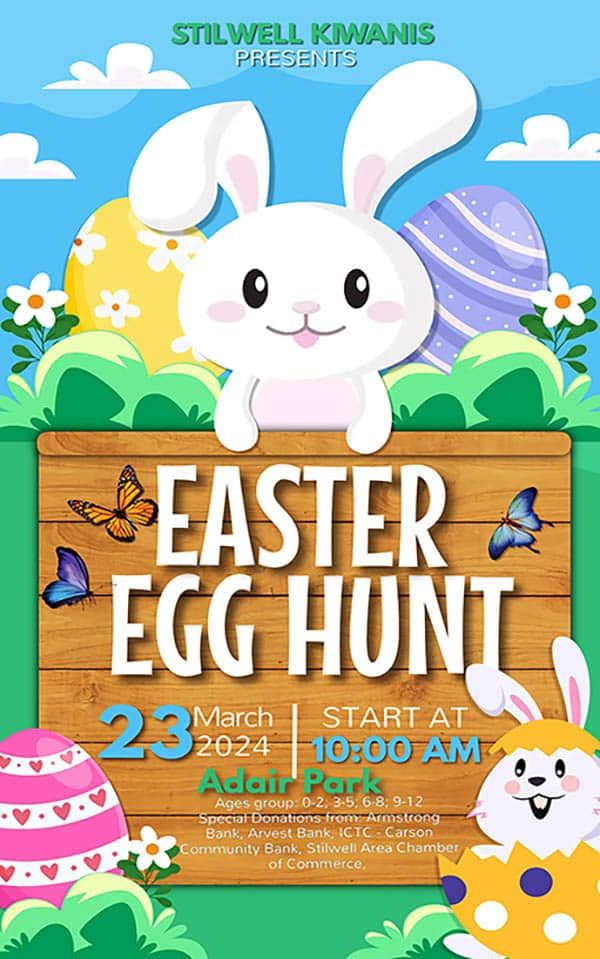 A poster for an easter egg hunt with a bunny and eggs .