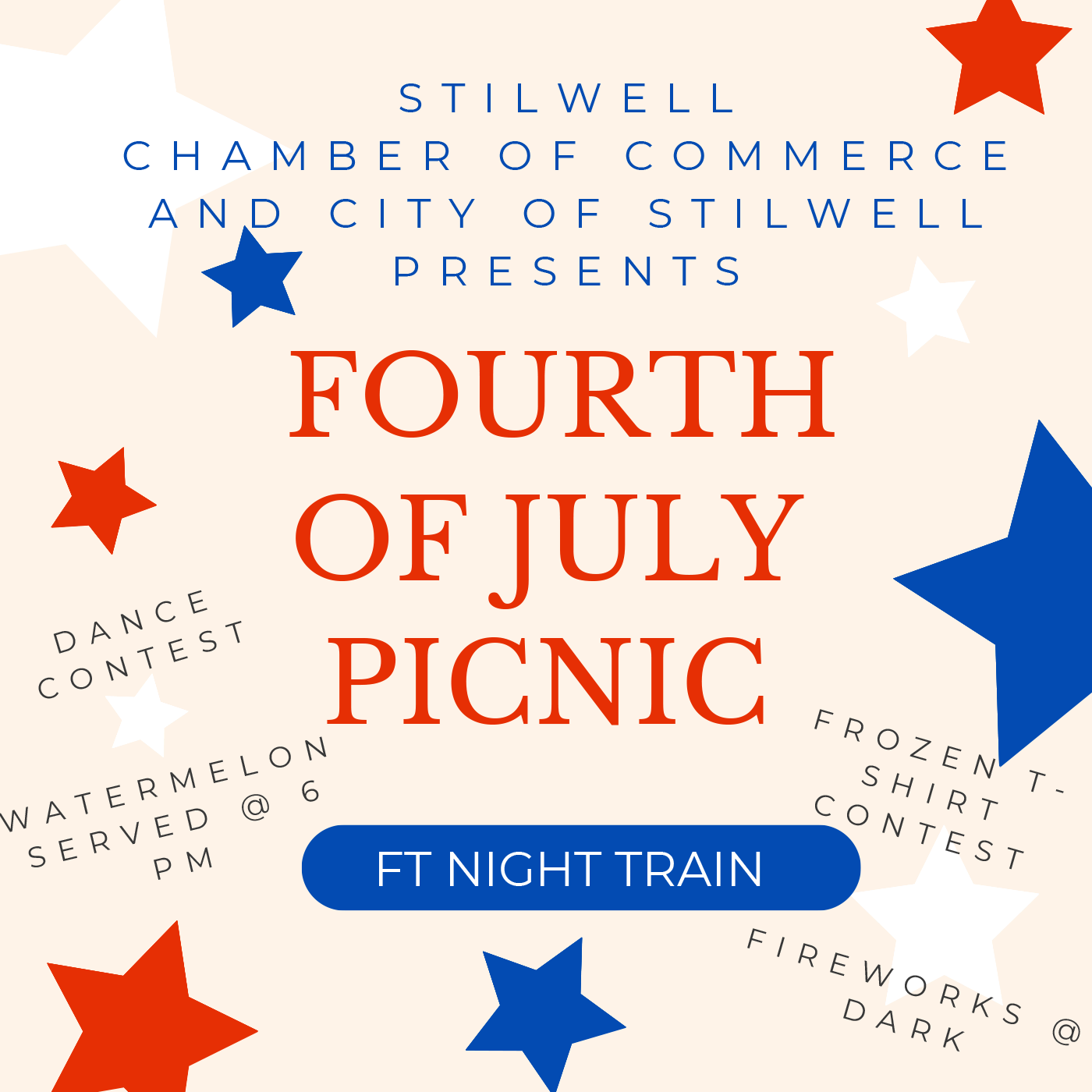 A poster for the annual Fourth of July Picnic in Stilwell Oklahoma with music, fireworks and fun.