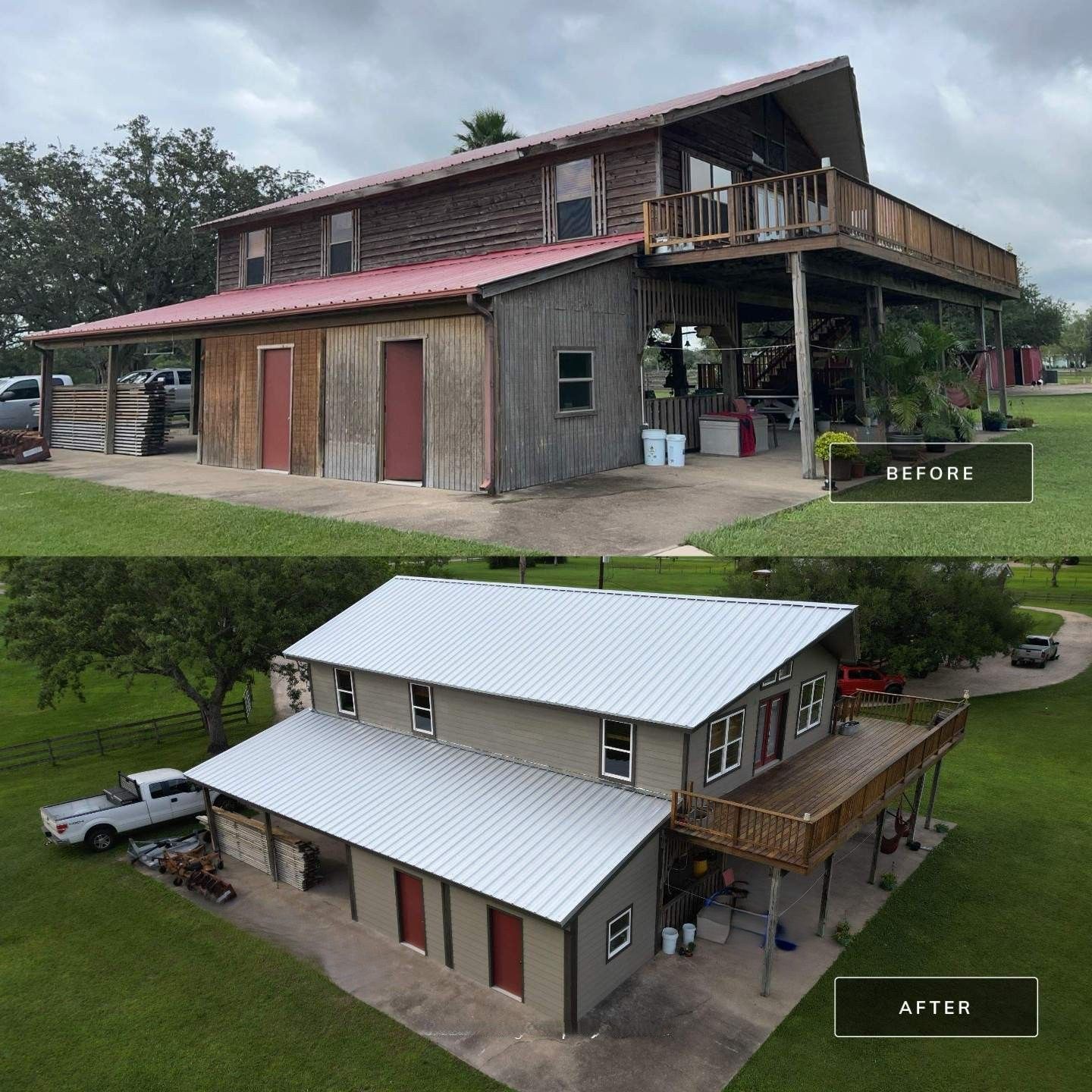 A before and after picture of a house with a metal roof