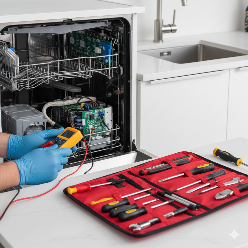 Person in blue gloves tests dishwasher's circuit board with multimeter; tools laid out. Kitchen setting.