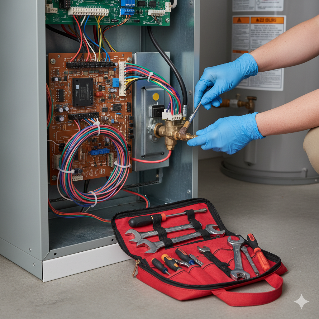 Plumber in blue gloves repairs a water heater, tool kit in front.