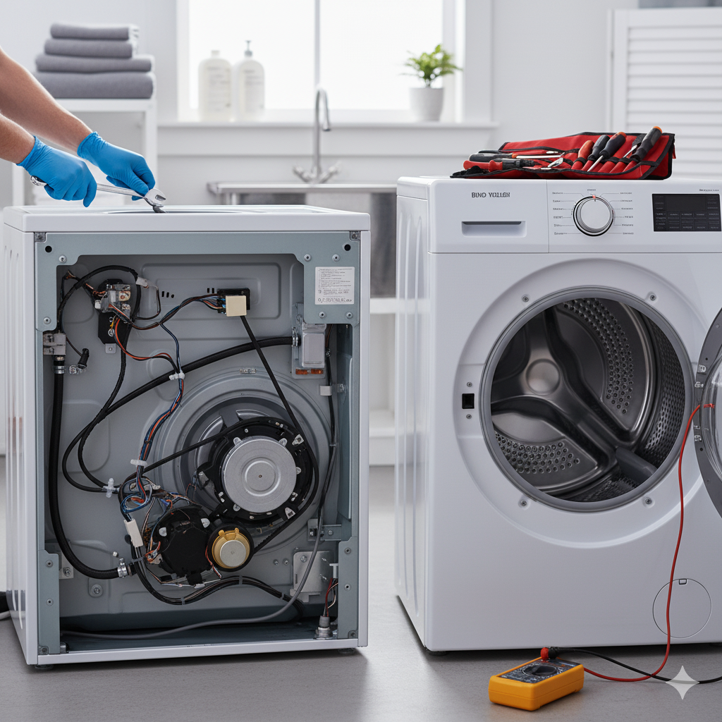 Person in blue gloves repairs a washing machine, tools nearby, in a laundry room setting.