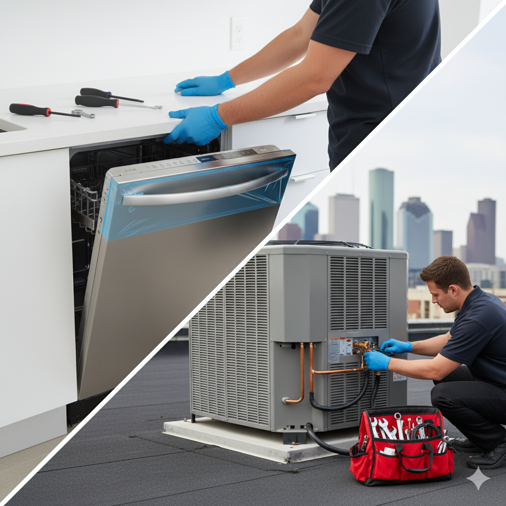 Split image: a technician installs a dishwasher, and another works on an AC unit on a rooftop with city skyline.
