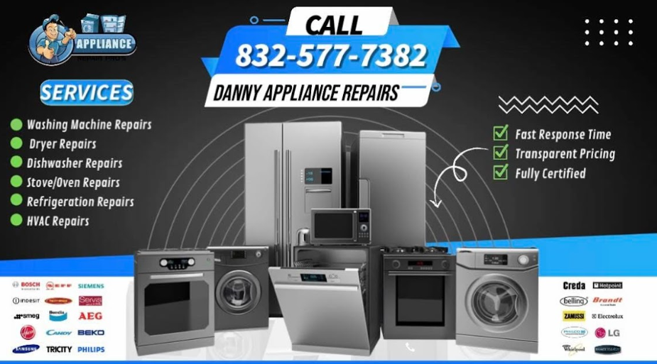 Danny Appliance Repairs advertisement: Appliances, phone number, services, logos, with checkmarks.