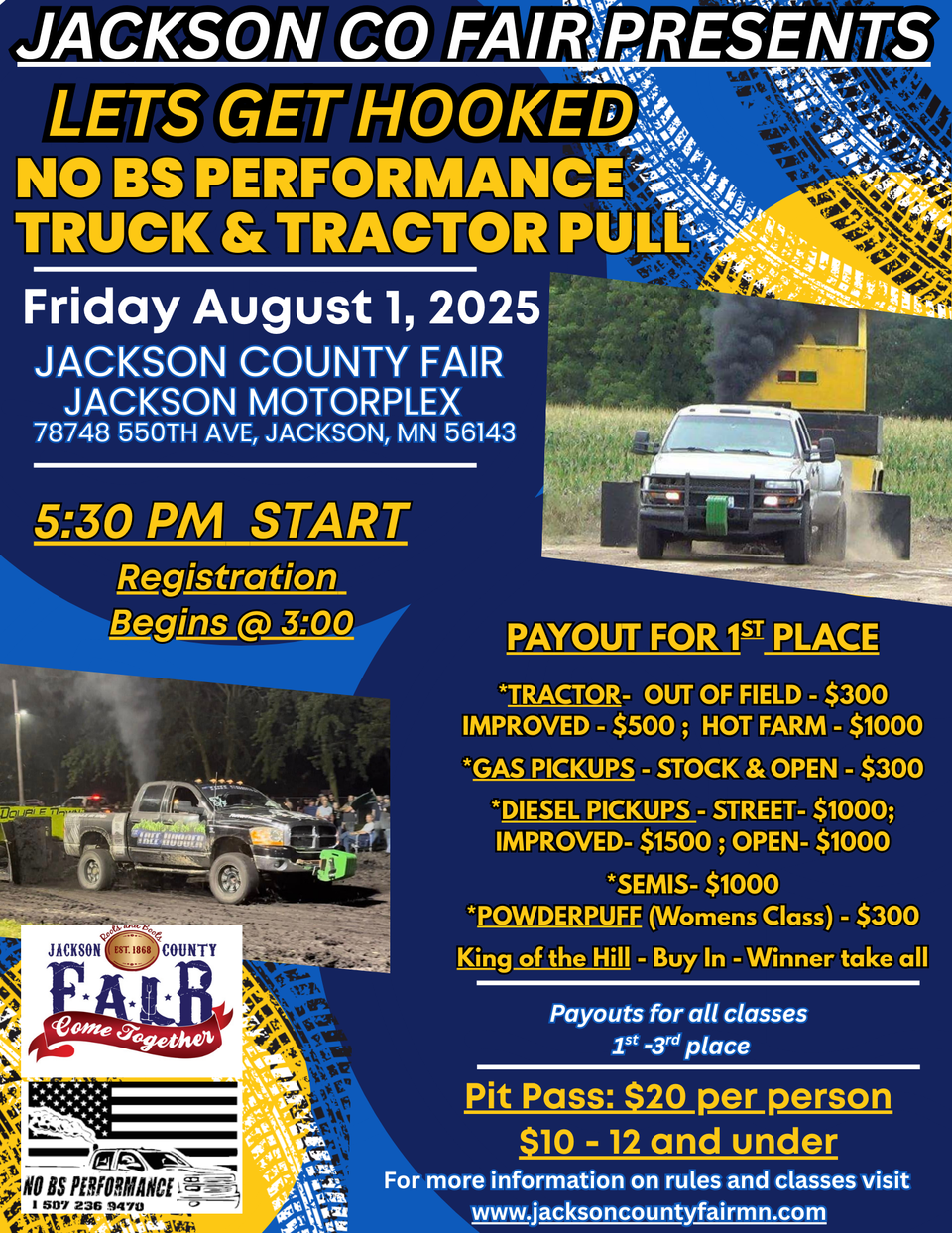 Event flyer for the Jackson Co Fair Truck & Tractor Pull on August 1, 2025, at Jackson Motorplex, featuring payout info.