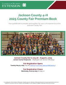 The 2025 Jackson County 4-H Fair Premium Book cover, featuring a group photo of participants at the fairgrounds.