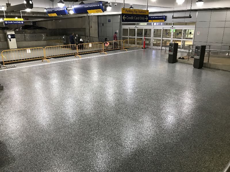 A large empty room with a sign that says parking garage