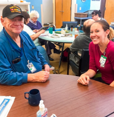Steven Taylor, better known as Doc, chats with nursing student Jessica Zeno at the Yolo Adult Day Health Center in Woodland.