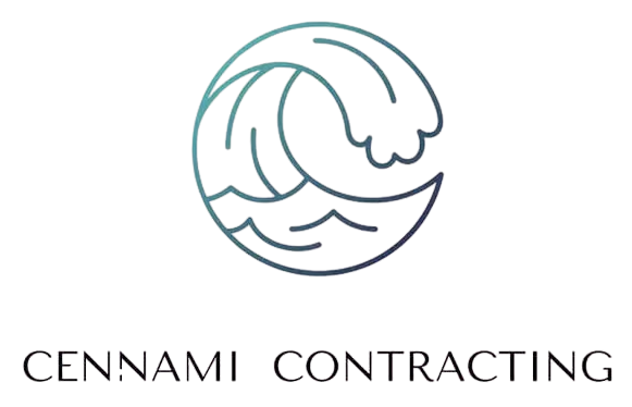 Logo for Cennami Contracting, featuring a stylized ocean wave in shades of teal.
