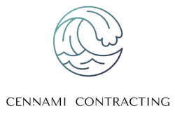 Logo for Cennami Contracting, featuring a stylized ocean wave in shades of teal.