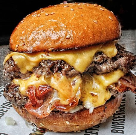 A close-up of a hamburger at Burger and Beyond in Shoreditch