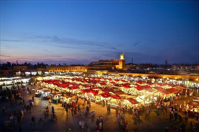 An aerial view of a crowded market in Marrakech