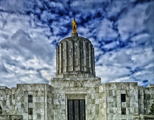 A large building with a statue on top of it in Salen, Oregon