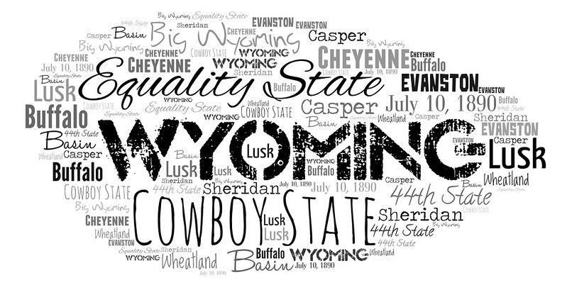 The word wyoming is surrounded by other words linked to the state on a white background.