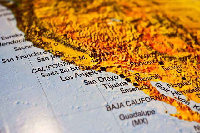 A close up of a map showing california and baja california