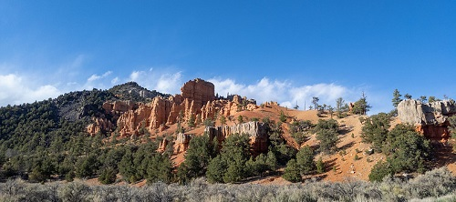 A mountain covered in trees and grass with a blue sky in the background.