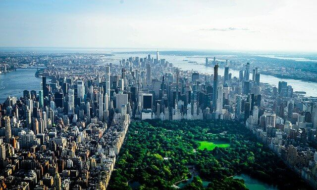 An aerial view of the city of New York and Central Park.