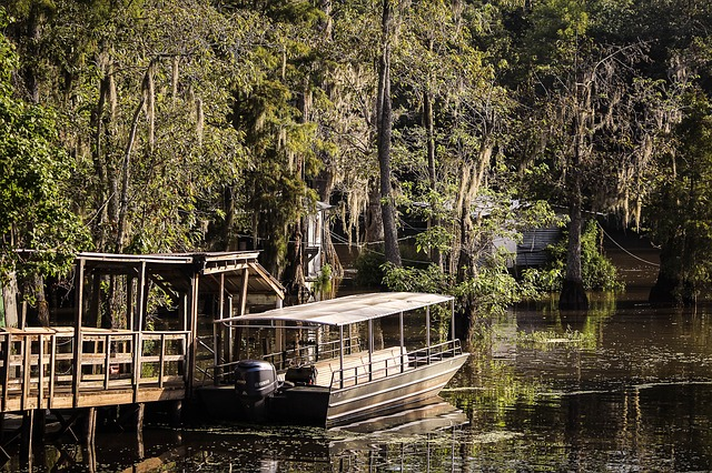 A boat is docked on a dock in the middle of a river surrounded by trees in Mississippi.