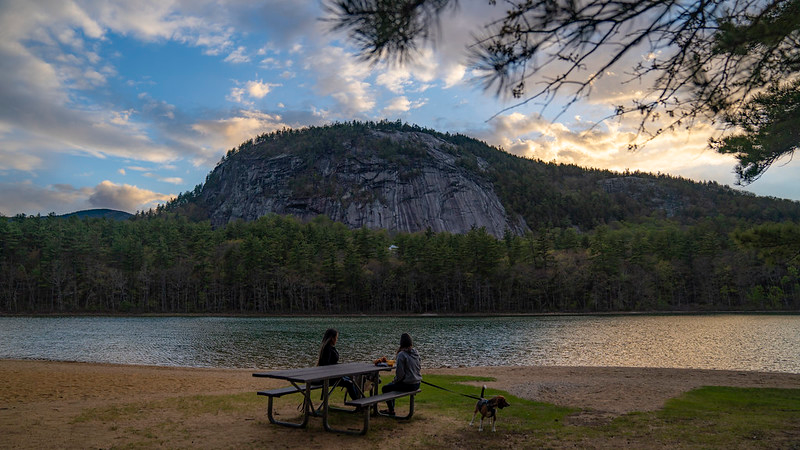 Two people are sitting at a picnic table on the shore of a lake in White Mountain NF