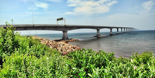 A bridge over a body of water with trees in the foreground.