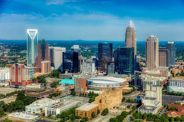 An aerial view of the city skyline of Charlotte, North Carolina.