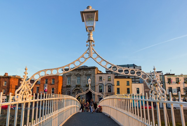 A group of people are walking across a bridge in dublin