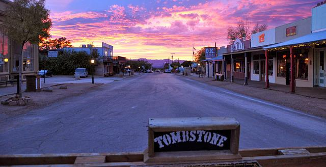 A sunset over the small town of tombstone