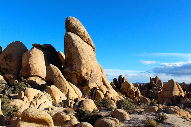 A large rock formation in Joshua Tree NP with a blue sky in the background