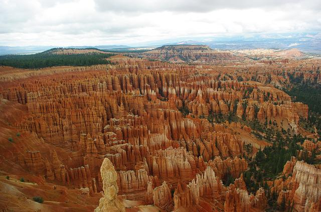 An aerial view of a canyon fillded with hoodoos with mountains in the background.