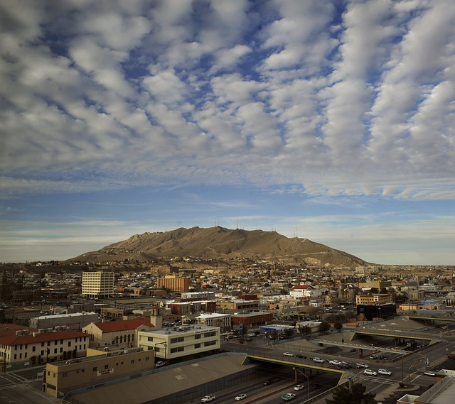 An aerial view of el paso with a mountain in the background