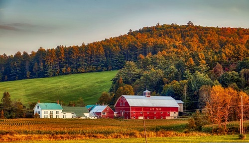 A farm with a red barn in the middle of a field surrounded by trees in New England